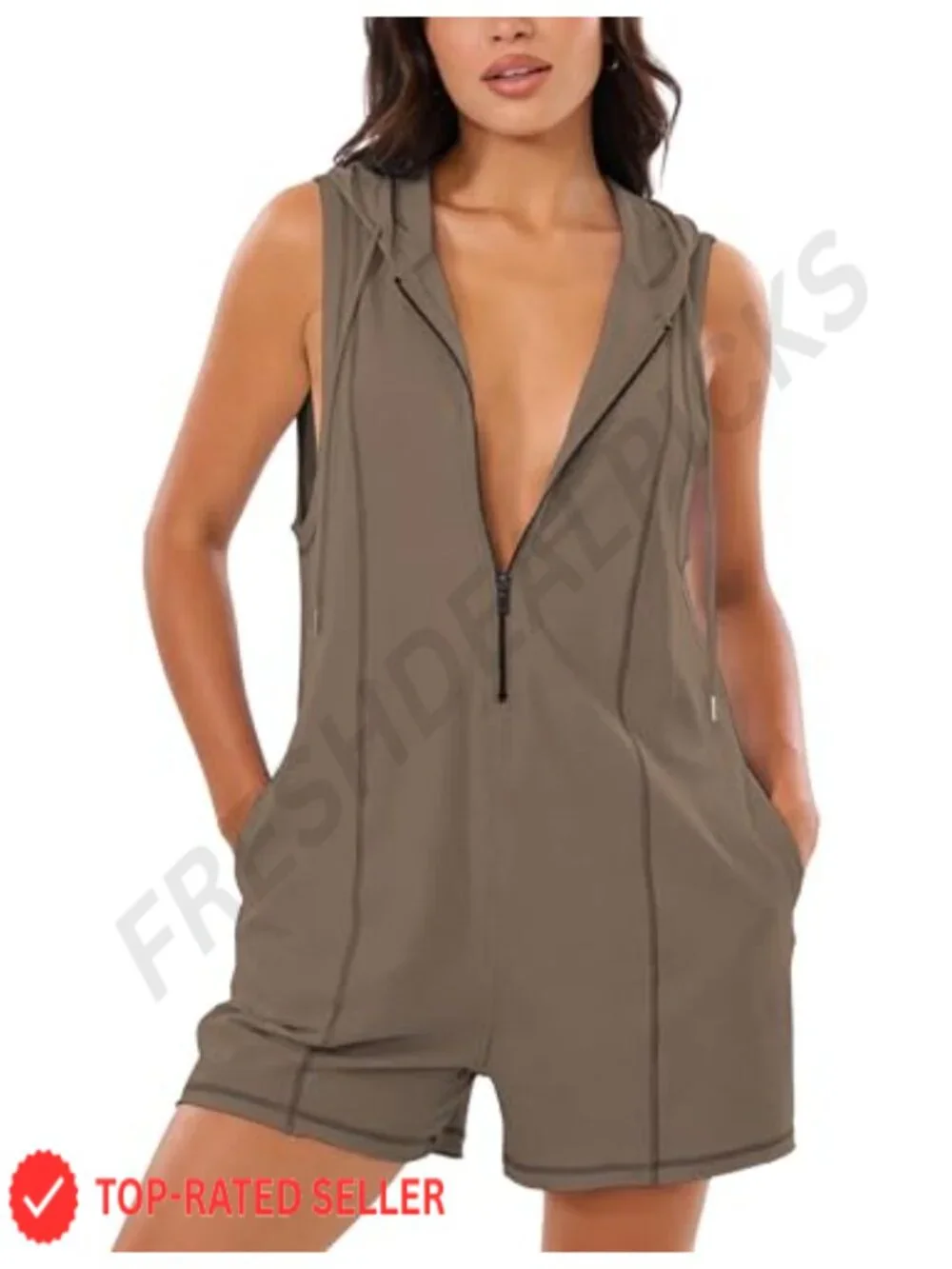 Women's Sleeveless Hooded Romper Jumpsuit Overalls Shorts Half Zip Athletic